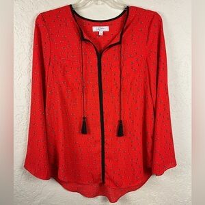 Libby Edelman Anthropology Bee Print  Long Sleeve Lightweight Blouse Tassels